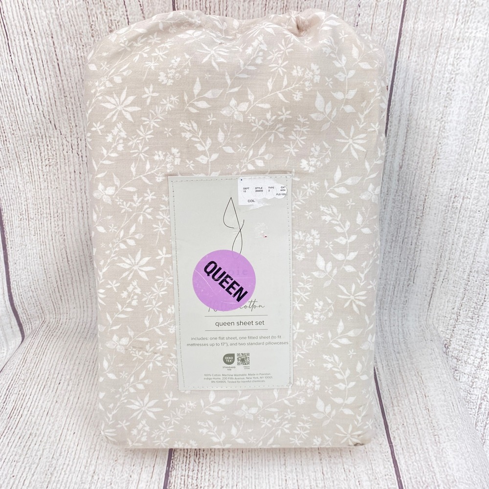 Joie Home Queen Sheet Set Beige Floral 100% Cotton Botanical Deep Pocket Neutral